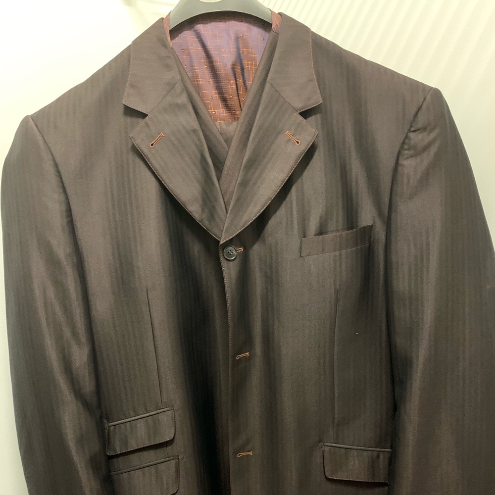 3pc. Suit Chocolate Brown w/ Orange Stitch